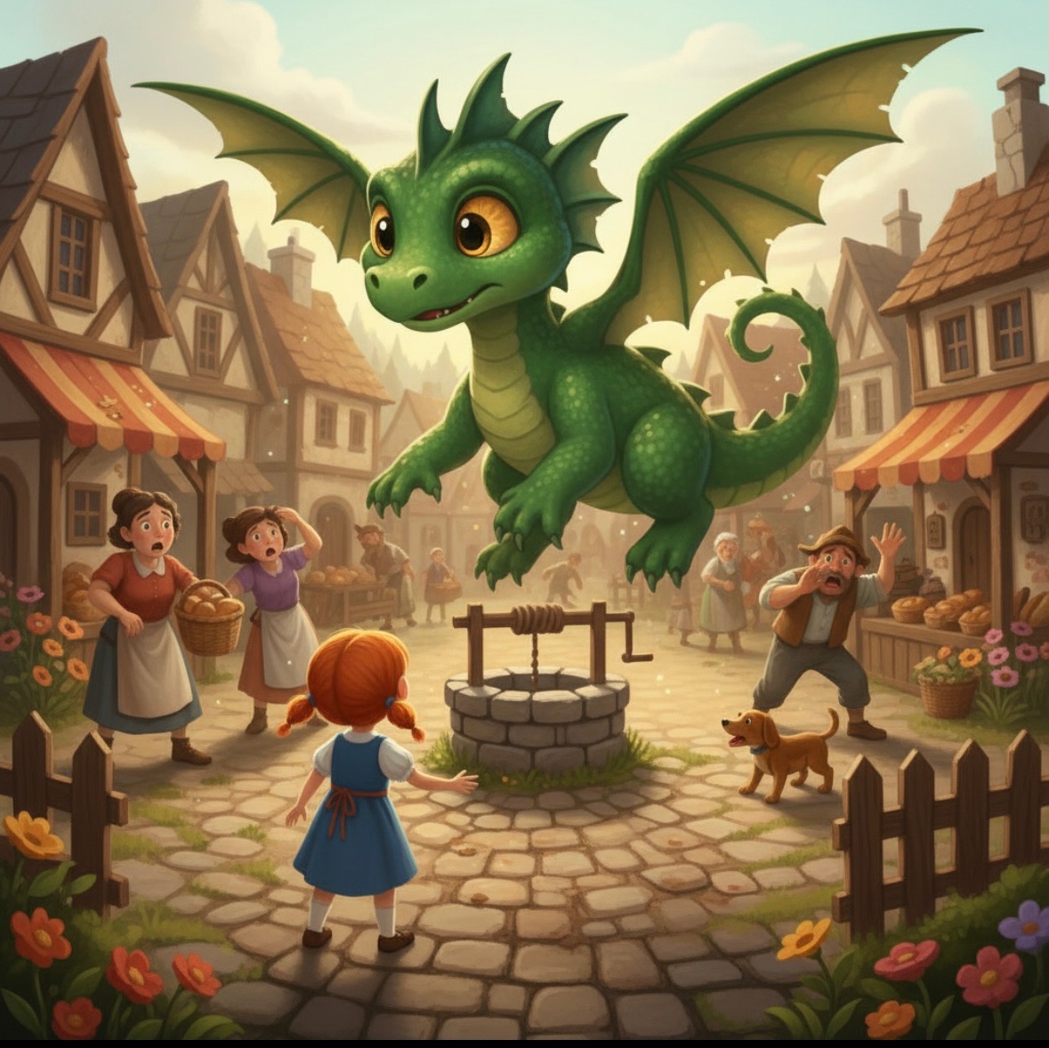 Angelo flying over a village